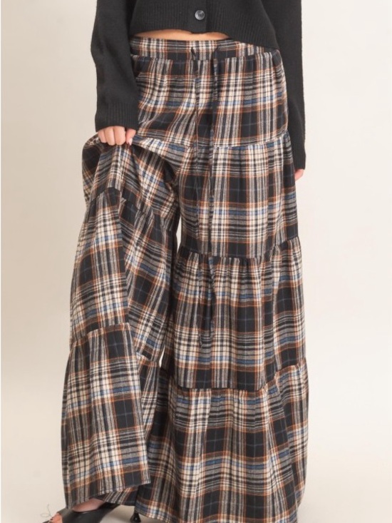 Pants - Plaid Tiered palazzo pants  in Black and Brown